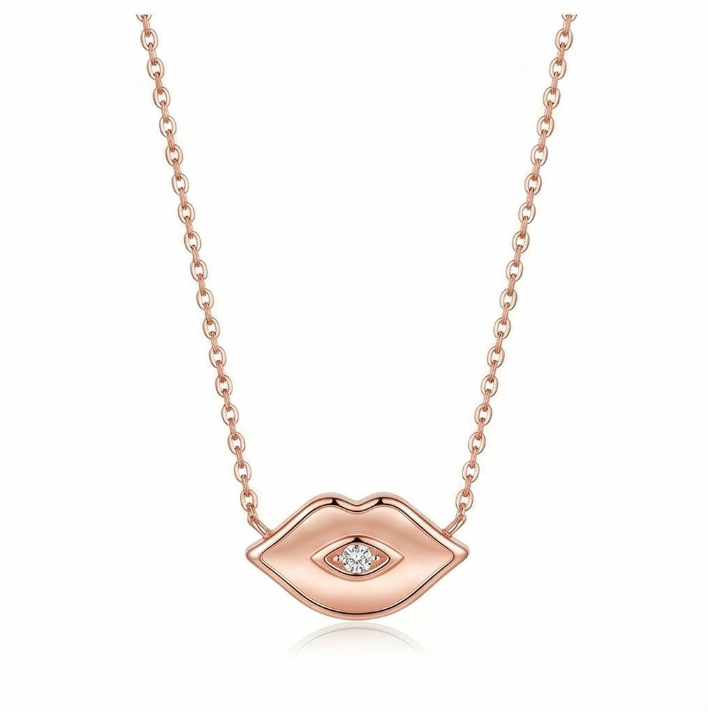 LUXE 925 Sterling Silver Rose Gold Plated Lips and Eye Motif Necklace Trendy Jewellery