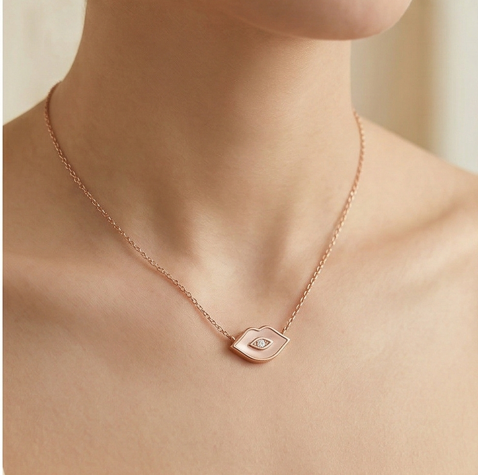 LUXE 925 Sterling Silver Rose Gold Plated Lips and Eye Motif Necklace Trendy Jewellery