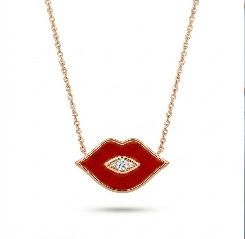 AGOR LUXE 925 Sterling Silver Rose Gold Plated Red Lips Evil Eye Necklace Quirky Jewellery
