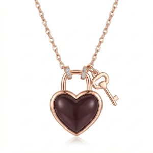 AGOR LUXE 925 Sterling Silver Rose Gold Plated Dark Heart Lock and Key Necklace Jewellery