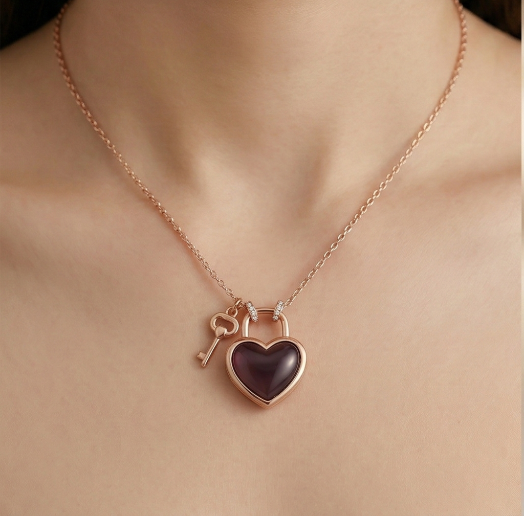 AGOR LUXE 925 Sterling Silver Rose Gold Plated Dark Heart Lock and Key Necklace Jewellery