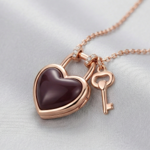 AGOR LUXE 925 Sterling Silver Rose Gold Plated Dark Heart Lock and Key Necklace Jewellery