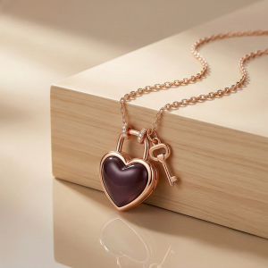 AGOR LUXE 925 Sterling Silver Rose Gold Plated Dark Heart Lock and Key Necklace Jewellery