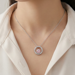 LUXE 925 Sterling Silver Rhodium Plated Pink Center Floating Halo Necklace Jewellery