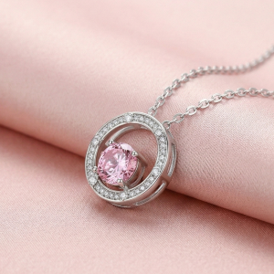 LUXE 925 Sterling Silver Rhodium Plated Pink Center Floating Halo Necklace Jewellery