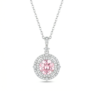 AGOR LUXE 925 Sterling Silver Rhodium Plated Pink Stone Double Halo Pendant Necklace Jewellery