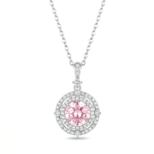 LUXE 925 Sterling Silver Rhodium Plated Pink Stone Double Halo Pendant Necklace Jewellery