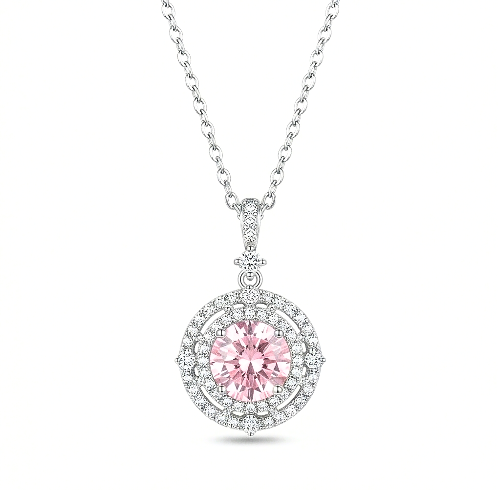 LUXE 925 Sterling Silver Rhodium Plated Pink Stone Double Halo Pendant Necklace Jewellery