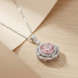 LUXE 925 Sterling Silver Rhodium Plated Pink Stone Double Halo Pendant Necklace Jewellery