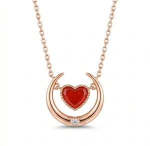 AGOR LUXE 925 Sterling Silver Rose Gold Plated Crescent Moon and Red Heart Necklace Jewellery