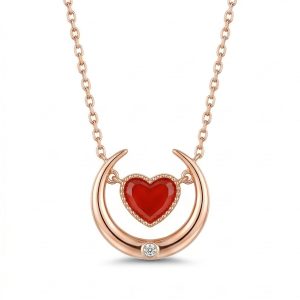 LUXE 925 Sterling Silver Rose Gold Plated Crescent Moon and Red Heart Necklace Jewellery