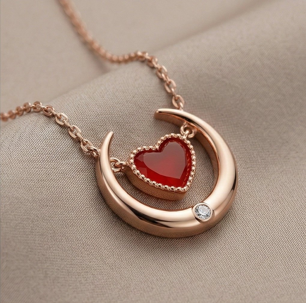 LUXE 925 Sterling Silver Rose Gold Plated Crescent Moon and Red Heart Necklace Jewellery