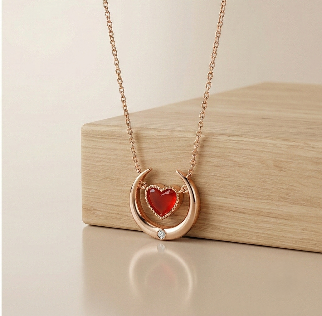 LUXE 925 Sterling Silver Rose Gold Plated Crescent Moon and Red Heart Necklace Jewellery