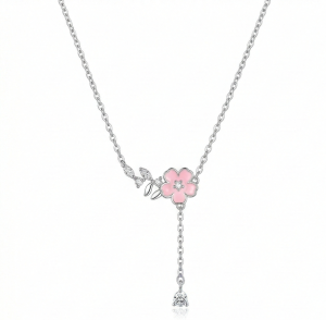 AGOR LUXE 925 Sterling Silver Rhodium Plated Pink Flower Drop Lariat Necklace Jewellery