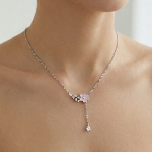 LUXE 925 Sterling Silver Rhodium Plated Pink Flower Drop Lariat Necklace Jewellery
