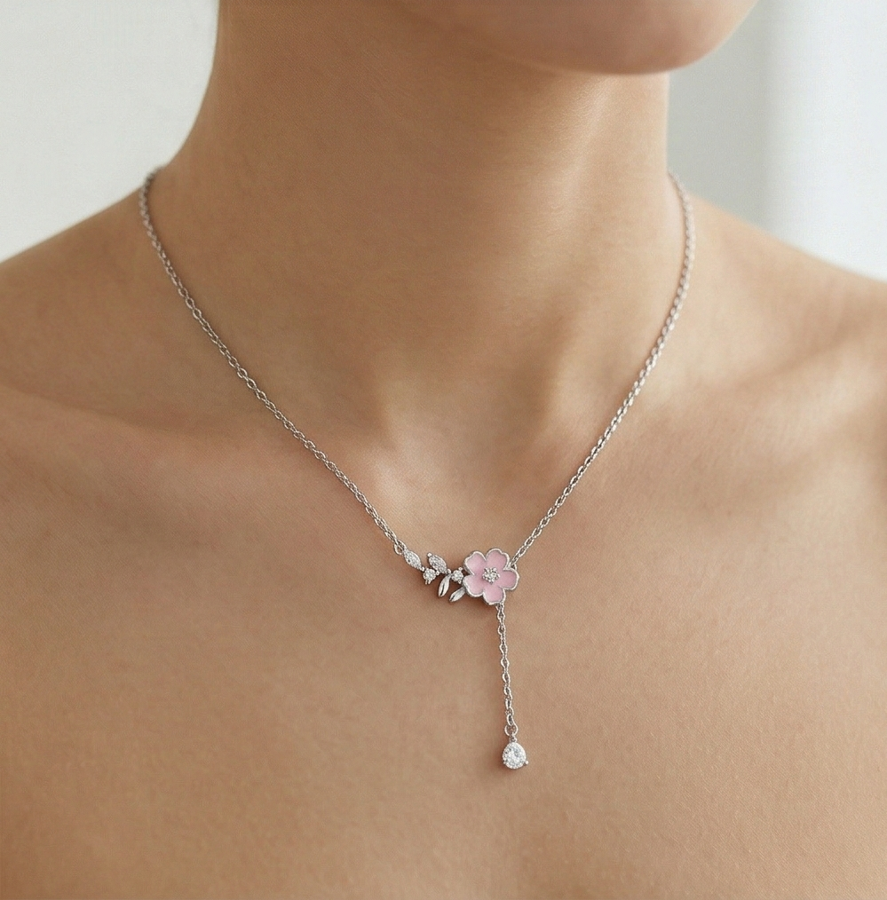 LUXE 925 Sterling Silver Rhodium Plated Pink Flower Drop Lariat Necklace Jewellery