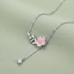 AGOR LUXE 925 Sterling Silver Rhodium Plated Pink Flower Drop Lariat Necklace Jewellery