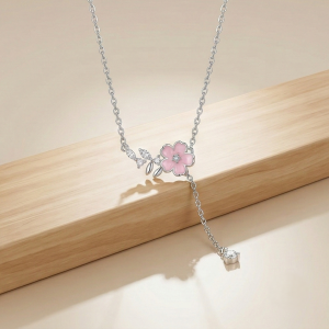 AGOR LUXE 925 Sterling Silver Rhodium Plated Pink Flower Drop Lariat Necklace Jewellery