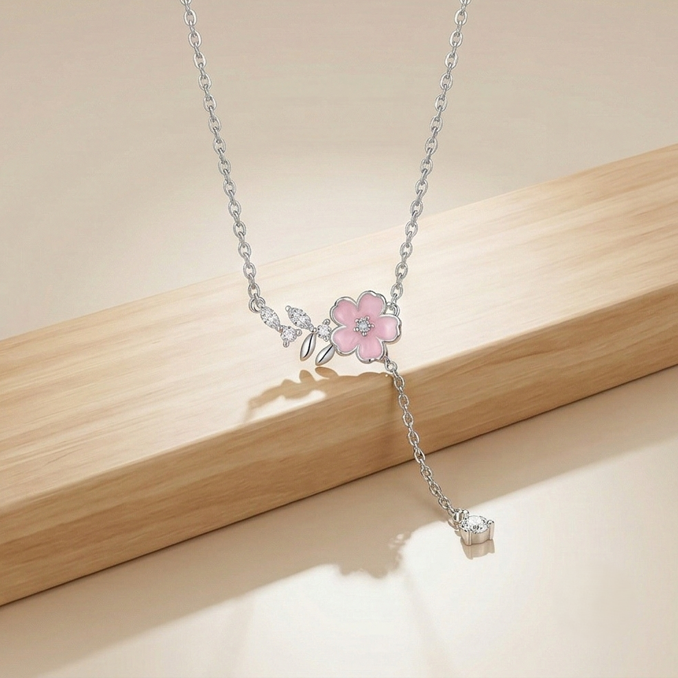 LUXE 925 Sterling Silver Rhodium Plated Pink Flower Drop Lariat Necklace Jewellery