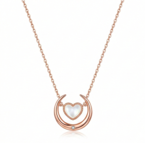 AGOR LUXE 925 Sterling Silver Crescent Moon and Heart Pearl Pendant Necklace Rose Gold Finish Fine Jewellery for Women
