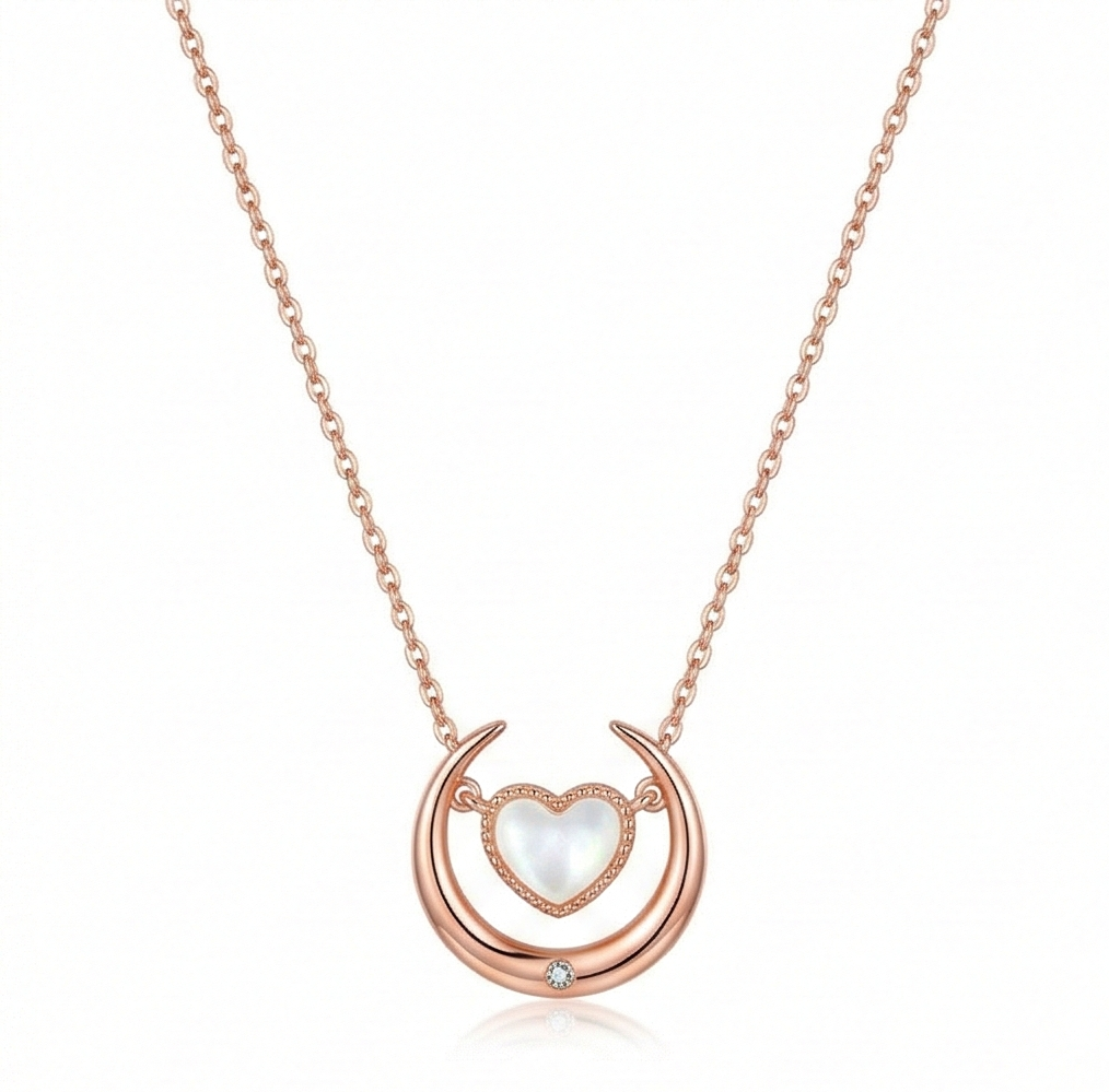 LUXE 925 Sterling Silver Crescent Moon and Heart Pearl Pendant Necklace Rose Gold Finish Fine Jewellery for Women