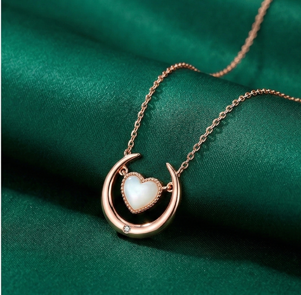 LUXE 925 Sterling Silver Crescent Moon and Heart Pearl Pendant Necklace Rose Gold Finish Fine Jewellery for Women