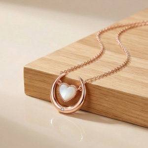 LUXE 925 Sterling Silver Crescent Moon and Heart Pearl Pendant Necklace Rose Gold Finish Fine Jewellery for Women