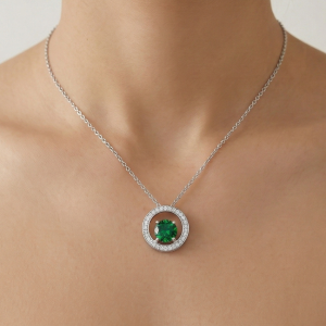 AGOR LUXE 925 Sterling Silver Green Halo Circle Pendant Necklace High Polish Rhodium Finish Fine Jewellery for Women