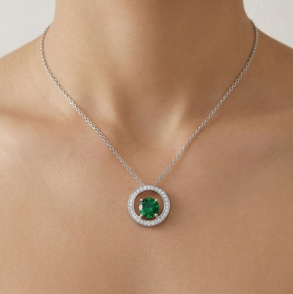LUXE 925 Sterling Silver Green Halo Circle Pendant Necklace High Polish Rhodium Finish Fine Jewellery for Women