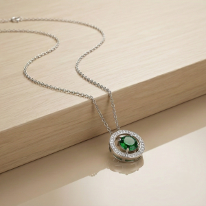 AGOR LUXE 925 Sterling Silver Green Halo Circle Pendant Necklace High Polish Rhodium Finish Fine Jewellery for Women