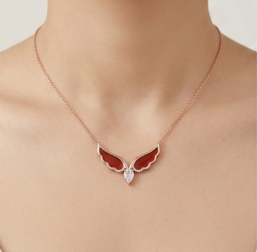LUXE 925 Sterling Silver Red Wing Teardrop Pendant Necklace Rose Gold Finish Fine Jewellery for Women
