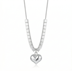 AGOR LUXE 925 Sterling Silver Puffed Heart Cube Link Pendant Necklace High Polish Rhodium Finish Fine Jewellery for Women