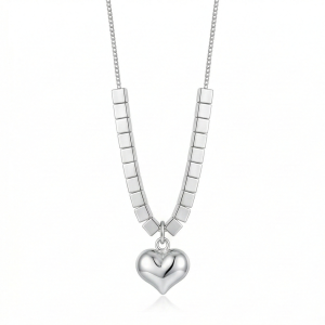 LUXE 925 Sterling Silver Puffed Heart Cube Link Pendant Necklace High Polish Rhodium Finish Fine Jewellery for Women