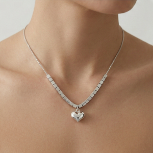 AGOR LUXE 925 Sterling Silver Puffed Heart Cube Link Pendant Necklace High Polish Rhodium Finish Fine Jewellery for Women
