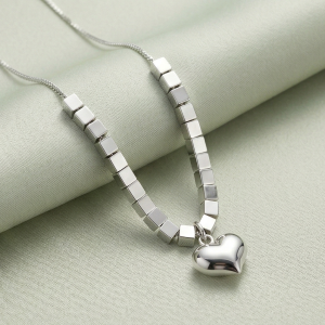 AGOR LUXE 925 Sterling Silver Puffed Heart Cube Link Pendant Necklace High Polish Rhodium Finish Fine Jewellery for Women