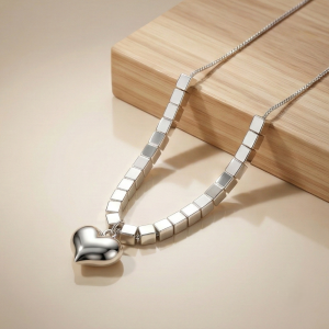 AGOR LUXE 925 Sterling Silver Puffed Heart Cube Link Pendant Necklace High Polish Rhodium Finish Fine Jewellery for Women