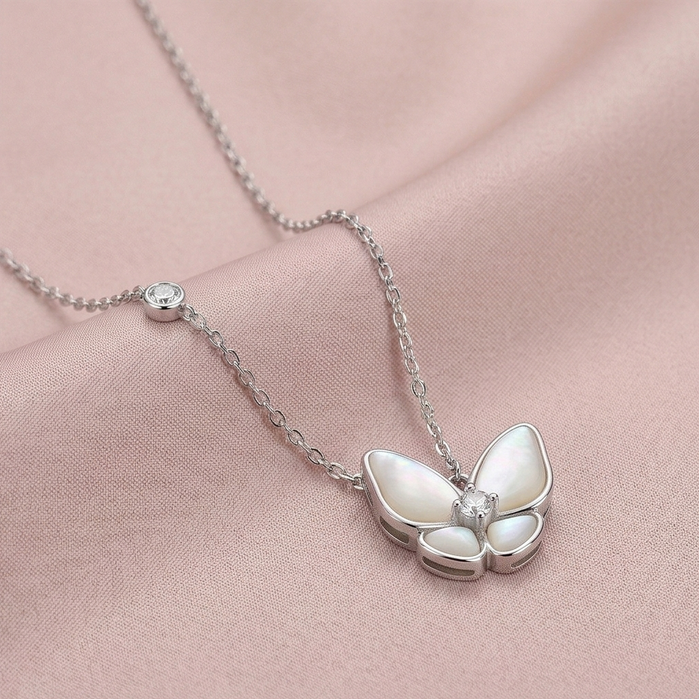 LUXE 925 Sterling Silver Delicate Butterfly Pendant Necklace High Polish Rhodium Fine Jewellery