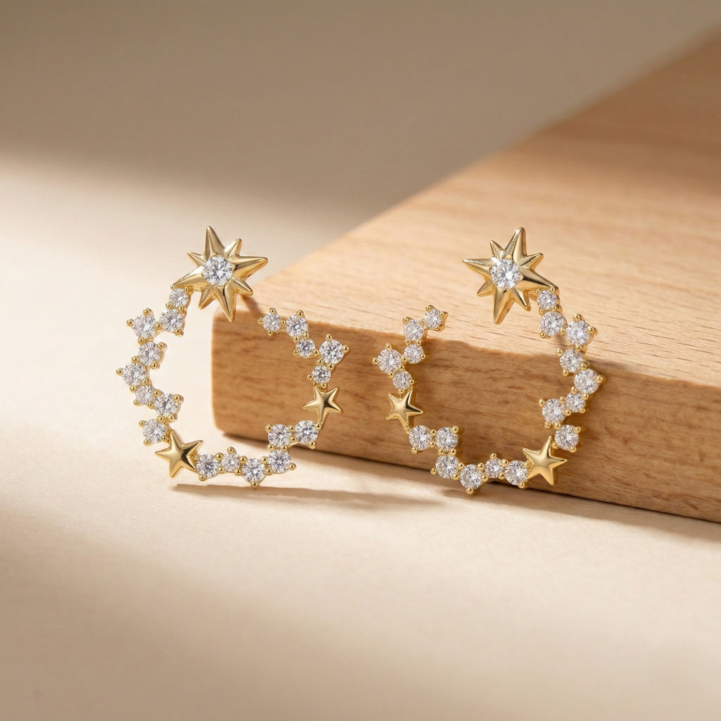 AGOR LUXE 925 Sterling Silver Star Wreath Stud Earrings Yellow Gold Finish Fine Jewellery for Women