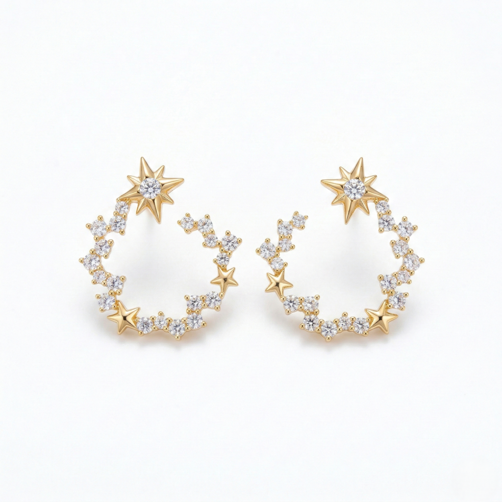 AGOR LUXE 925 Sterling Silver Star Wreath Stud Earrings Yellow Gold Finish Fine Jewellery for Women