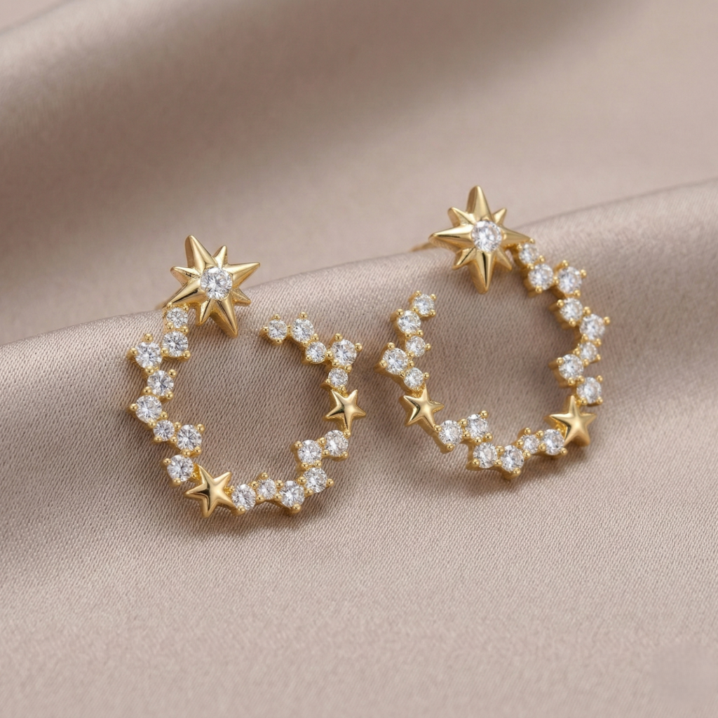 AGOR LUXE 925 Sterling Silver Star Wreath Stud Earrings Yellow Gold Finish Fine Jewellery for Women