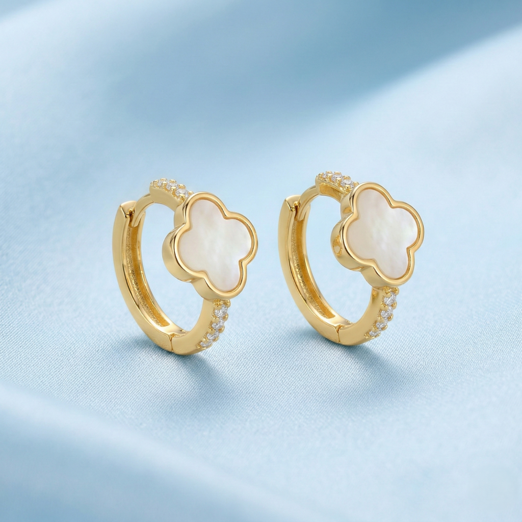 AGOR LUXE 925 Sterling Silver Clover Mother of Pearl Huggie Hoop Earrings Yellow Gold Finish Fine Jewellery for Women
