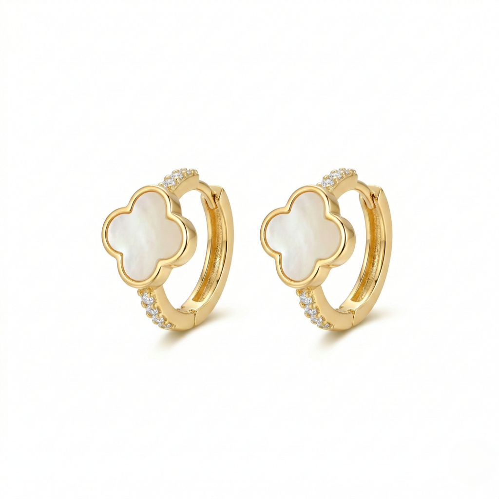 AGOR LUXE 925 Sterling Silver Clover Mother of Pearl Huggie Hoop Earrings Yellow Gold Finish Fine Jewellery for Women