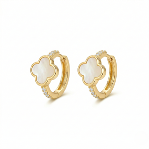 AGOR LUXE 925 Sterling Silver Clover Mother of Pearl Huggie Hoop Earrings Yellow Gold Finish Fine Jewellery for Women
