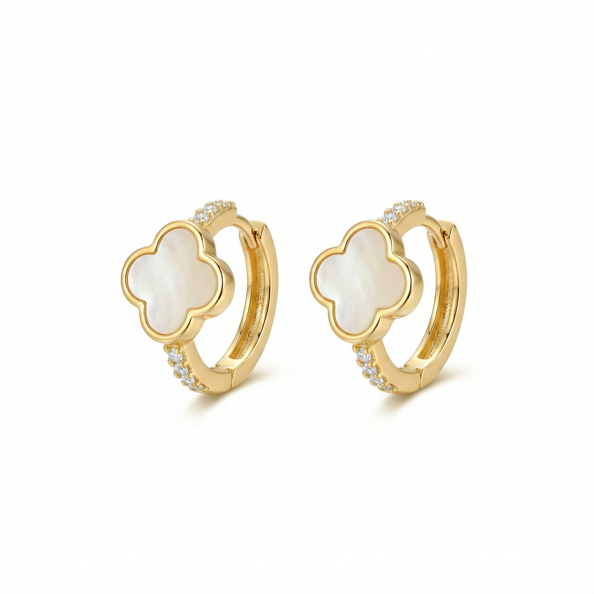 LUXE 925 Sterling Silver Clover Mother of Pearl Huggie Hoop Earrings Yellow Gold Finish Fine Jewellery for Women