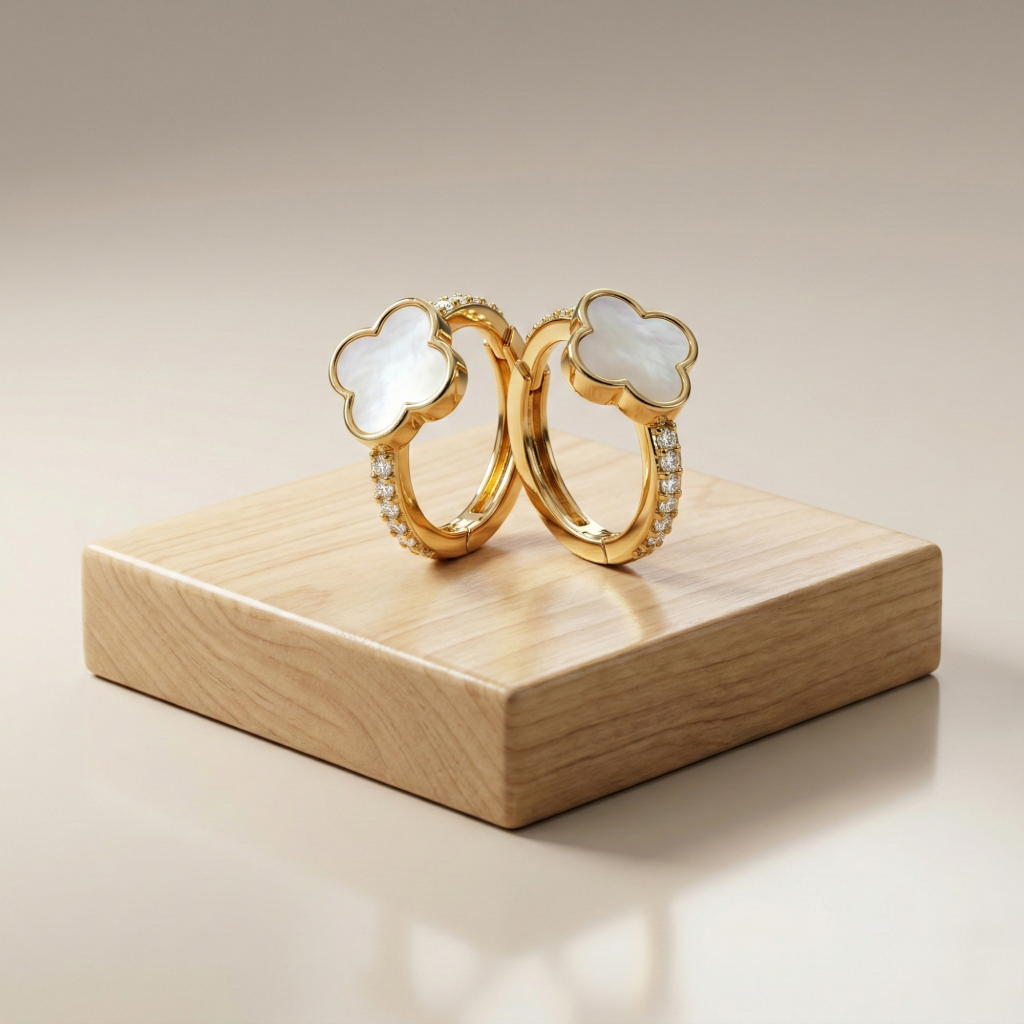 AGOR LUXE 925 Sterling Silver Clover Mother of Pearl Huggie Hoop Earrings Yellow Gold Finish Fine Jewellery for Women