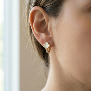 AGOR LUXE 925 Sterling Silver Clover Mother of Pearl Huggie Hoop Earrings Yellow Gold Finish Fine Jewellery for Women