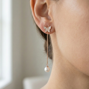 LUXE 925 Sterling Silver Butterfly Pearl Drop Dangle Earrings Rose Gold Finish Fine Jewellery for Women