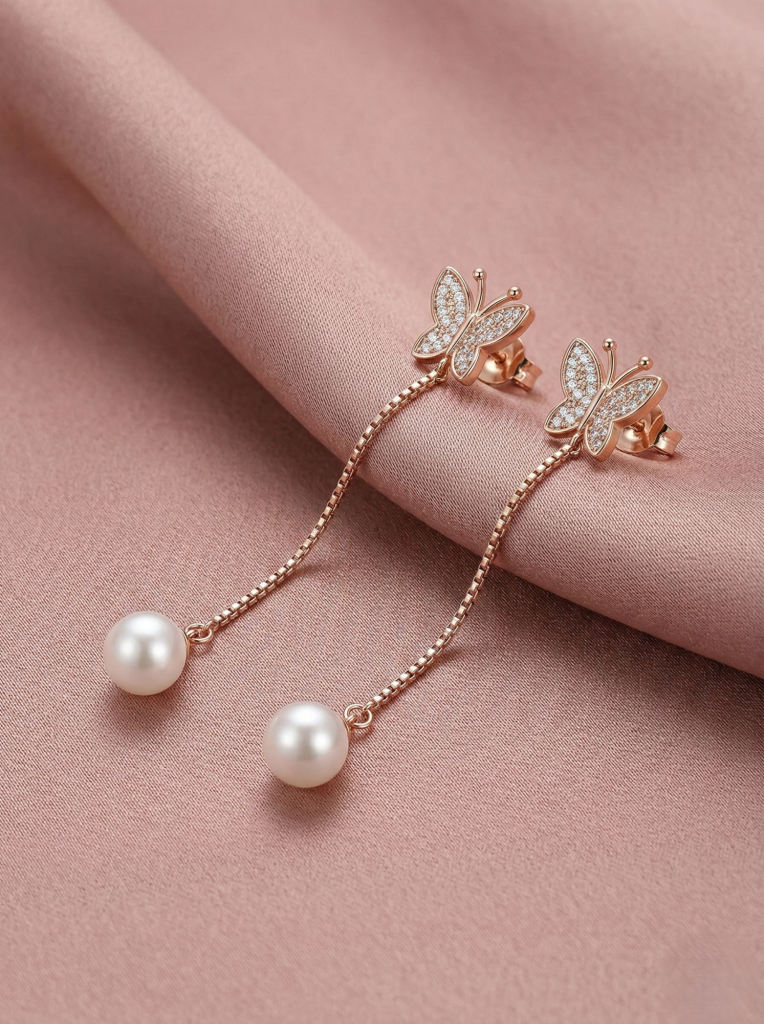 AGOR LUXE 925 Sterling Silver Butterfly Pearl Drop Dangle Earrings Rose Gold Finish Fine Jewellery for Women