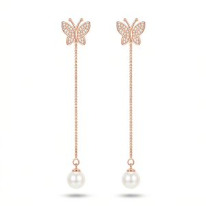 LUXE 925 Sterling Silver Butterfly Pearl Drop Dangle Earrings Rose Gold Finish Fine Jewellery for Women