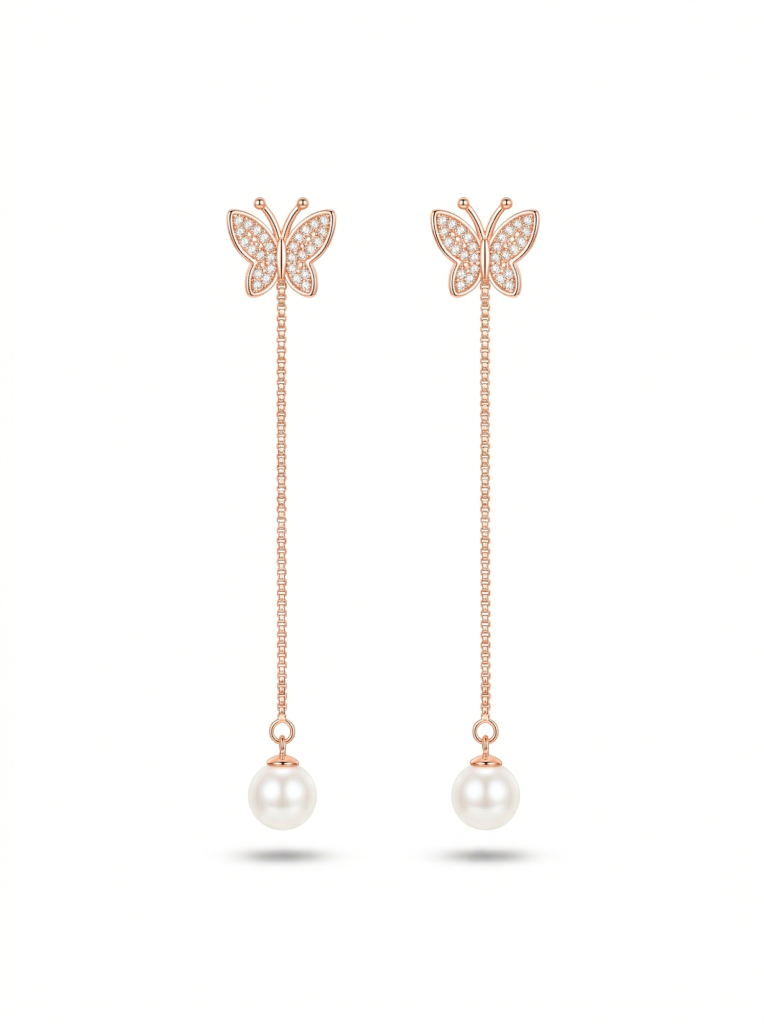 AGOR LUXE 925 Sterling Silver Butterfly Pearl Drop Dangle Earrings Rose Gold Finish Fine Jewellery for Women